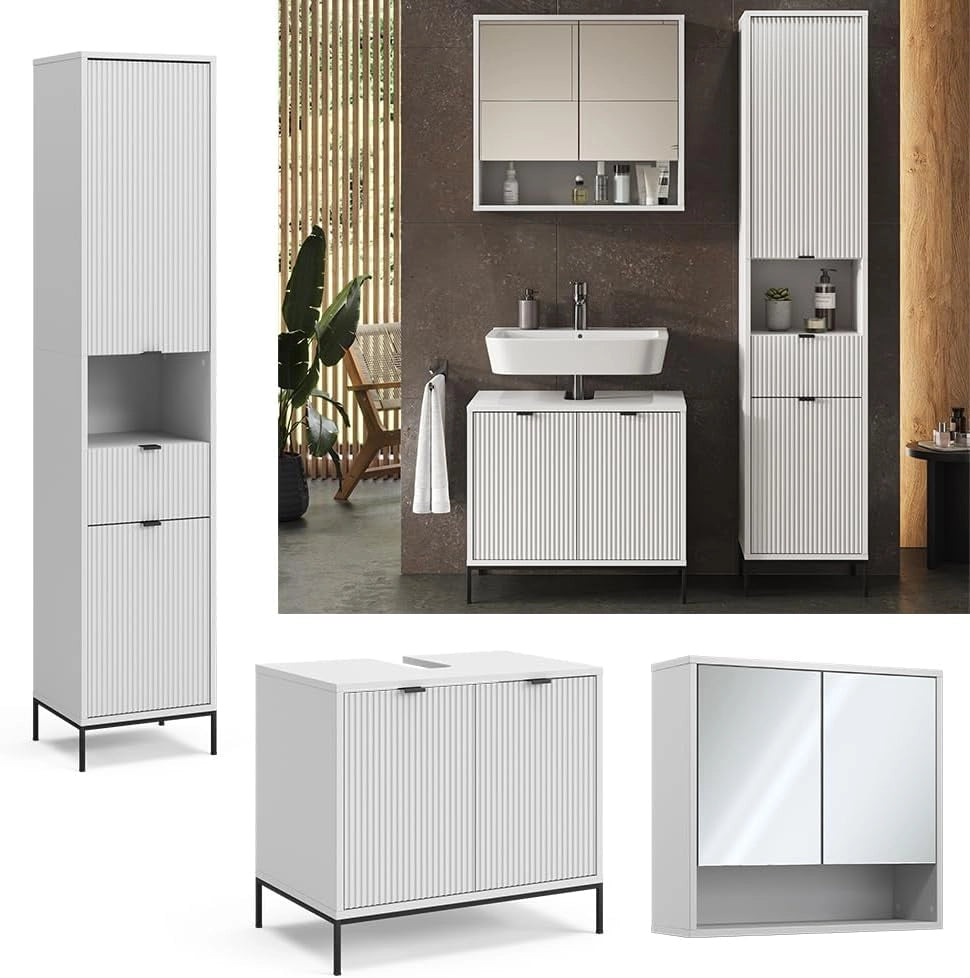 Set di mobili per il bagno Eliza, Bianco, 70 cm, composto da mobile sottolavabo, specchiera e colonna alta