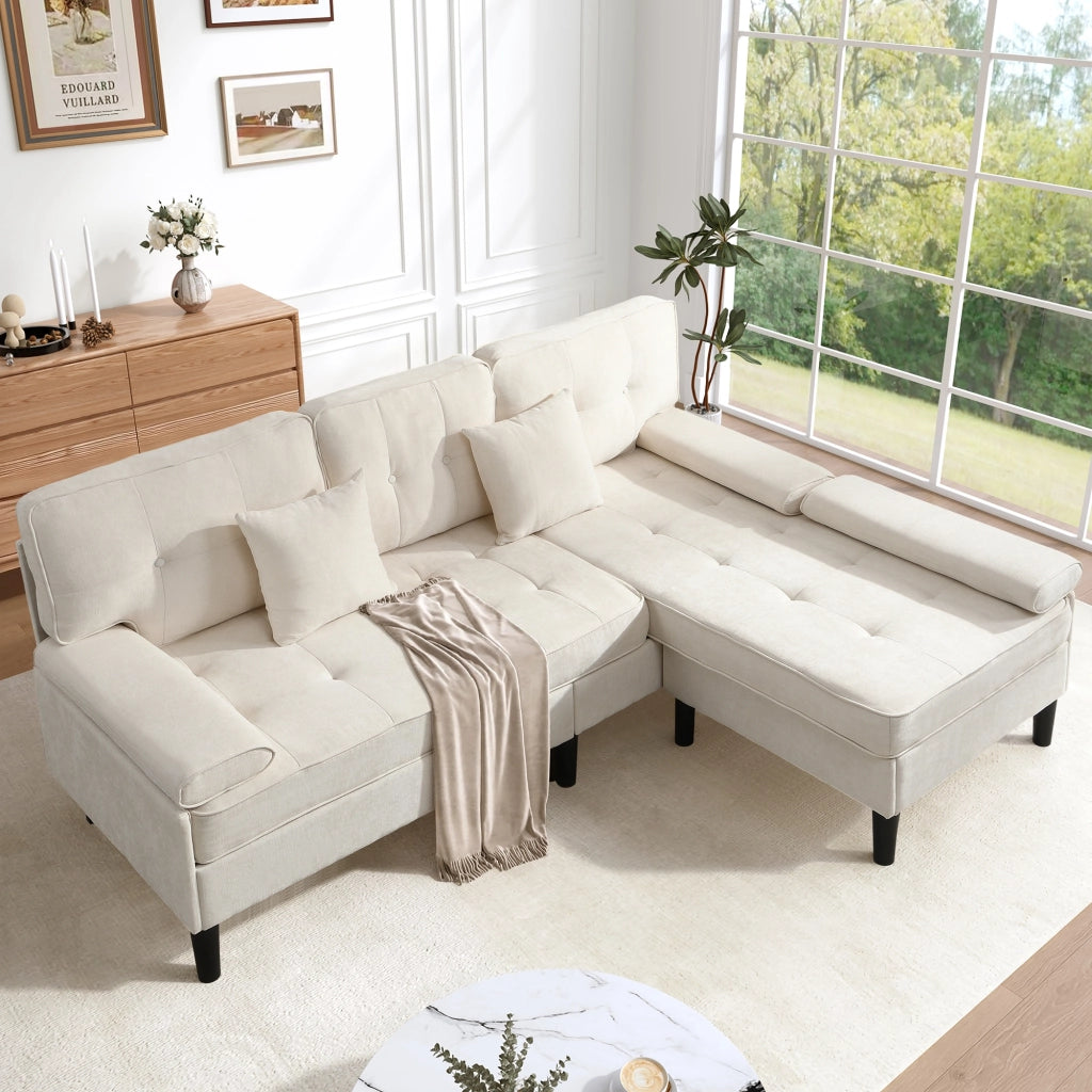 Divano angolare modulare in ciniglia con chaise longue, pouf mobile e cuscini, per piccoli appartamenti, beige chiaro