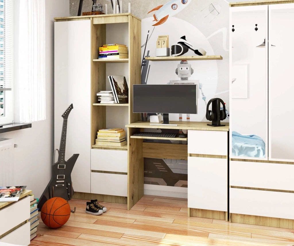 Scrivania per computer AKORD PIKSEL Quercia Artisan 90 cm 1 anta 1 cassetto inserto frontale Bianco 90x50x77 cm Modello a destra