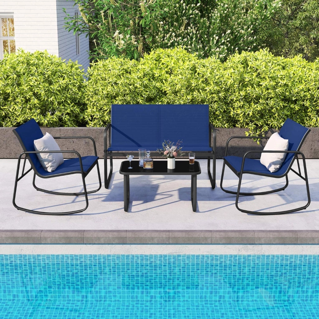 Set di mobili da giardino 4 pezzi di sedute per 4 persone, Mobili per terrazza con dolce movimento oscillante Blu-Sedie da esterno