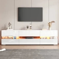 Moderno mobile TV lucido con illuminazione LED, 2 ante, 1 cassetto, vano aperto, apertura a pressione, Bianco