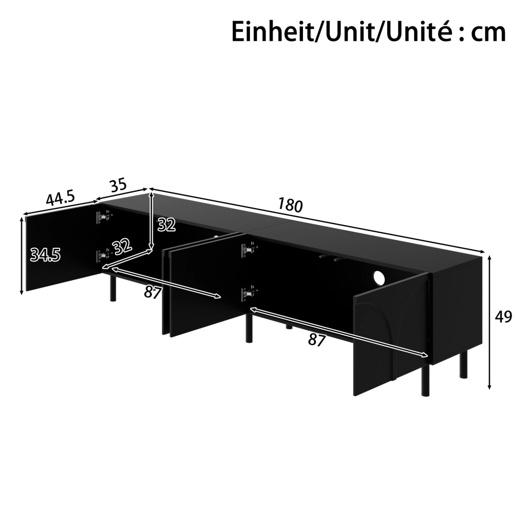 Mobile TV 180x35x49 cm con 4 ante e 2 vani separati in MDF e pannello truciolare nero