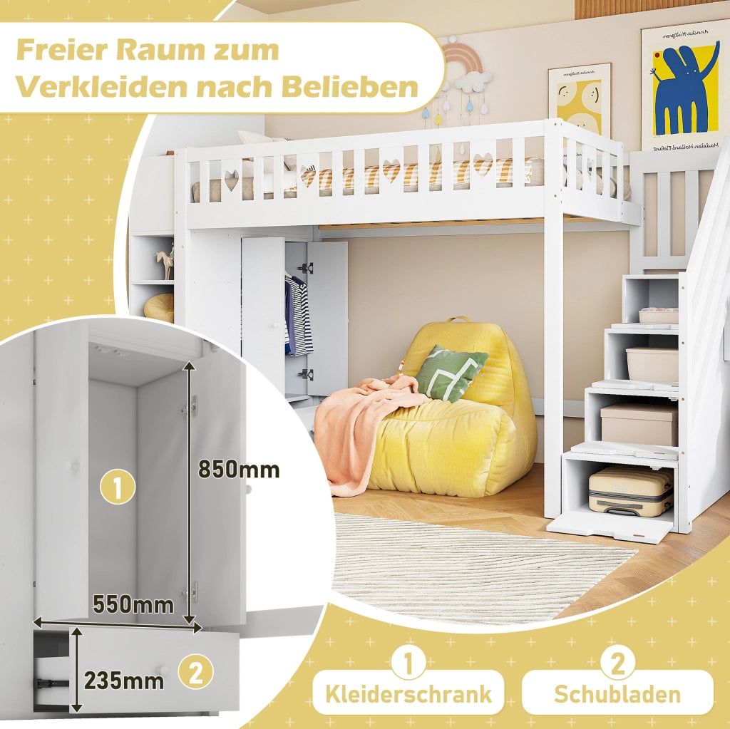 Letto a soppalco 90x200 cm con scala contenitore e ripiani