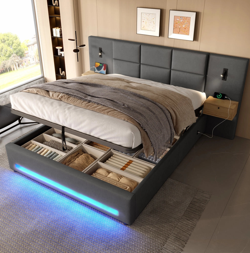 Letto 180x200 cm in velluto grigio scuro con LED e USB-C
