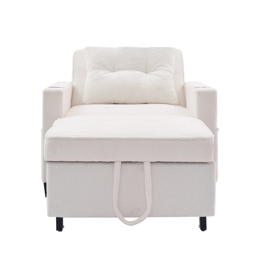 Poltrona letto singola estraibile - con schienale regolabile; USB e portabicchieri - legno e metallo - bianco