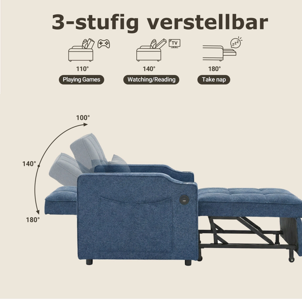 Poltrona letto 3 in 1 con USB e USB-C, schienale regolabile, portabicchieri e tasche laterali in tessuto blu navy