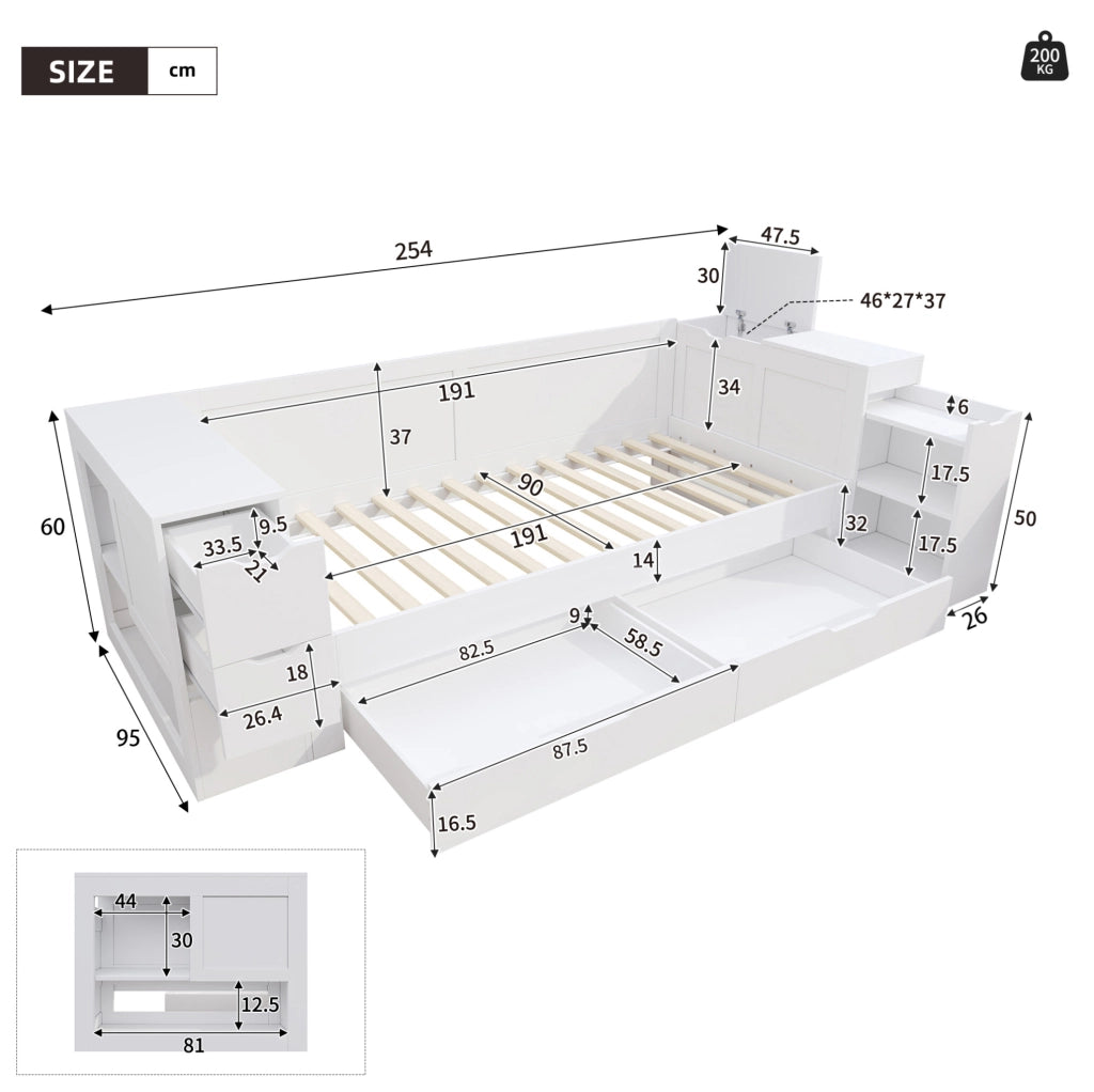 Letto singolo 90x190 cm con cassetto e comodino scorrevole in MDF bianco