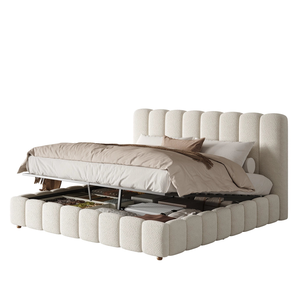 Letto matrimoniale 160x200 cm con contenitore idraulico; bouclé bianco