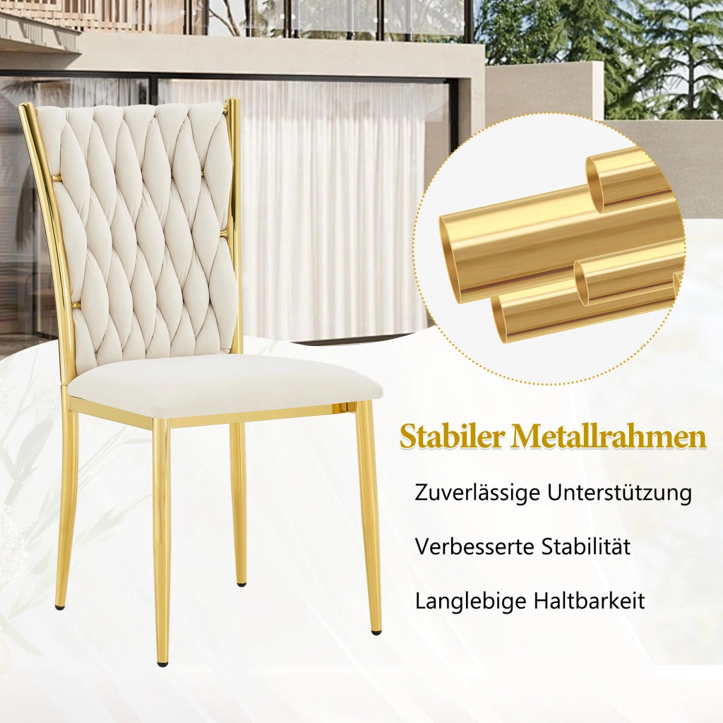 Sedia da Pranzo con Schienale Alto Ergonomico e Motivo Intrecciato, in Velluto e Metallo Beige e Oro