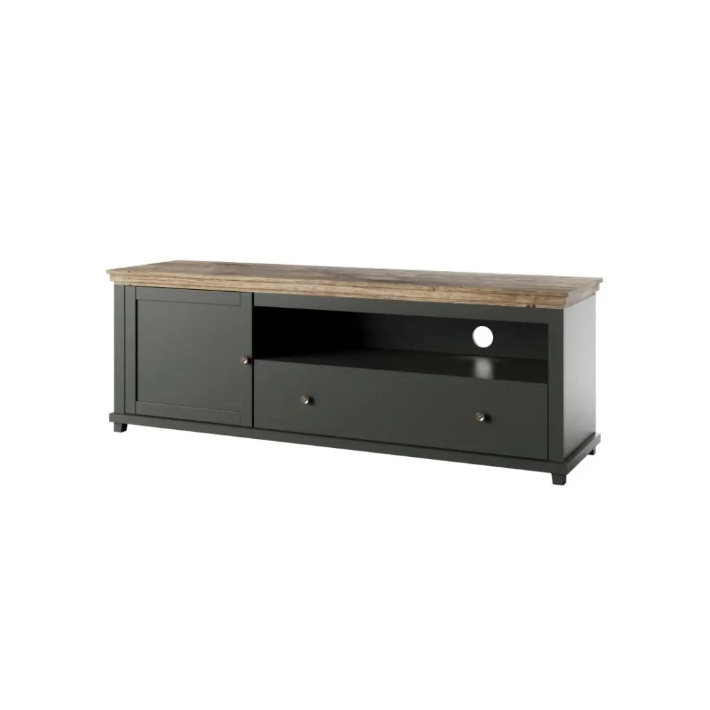 Mobile TV 180cm con LED integrate. Collezione ASSIA. Colori verde e rovere. 1 porta e 1 cassetto.