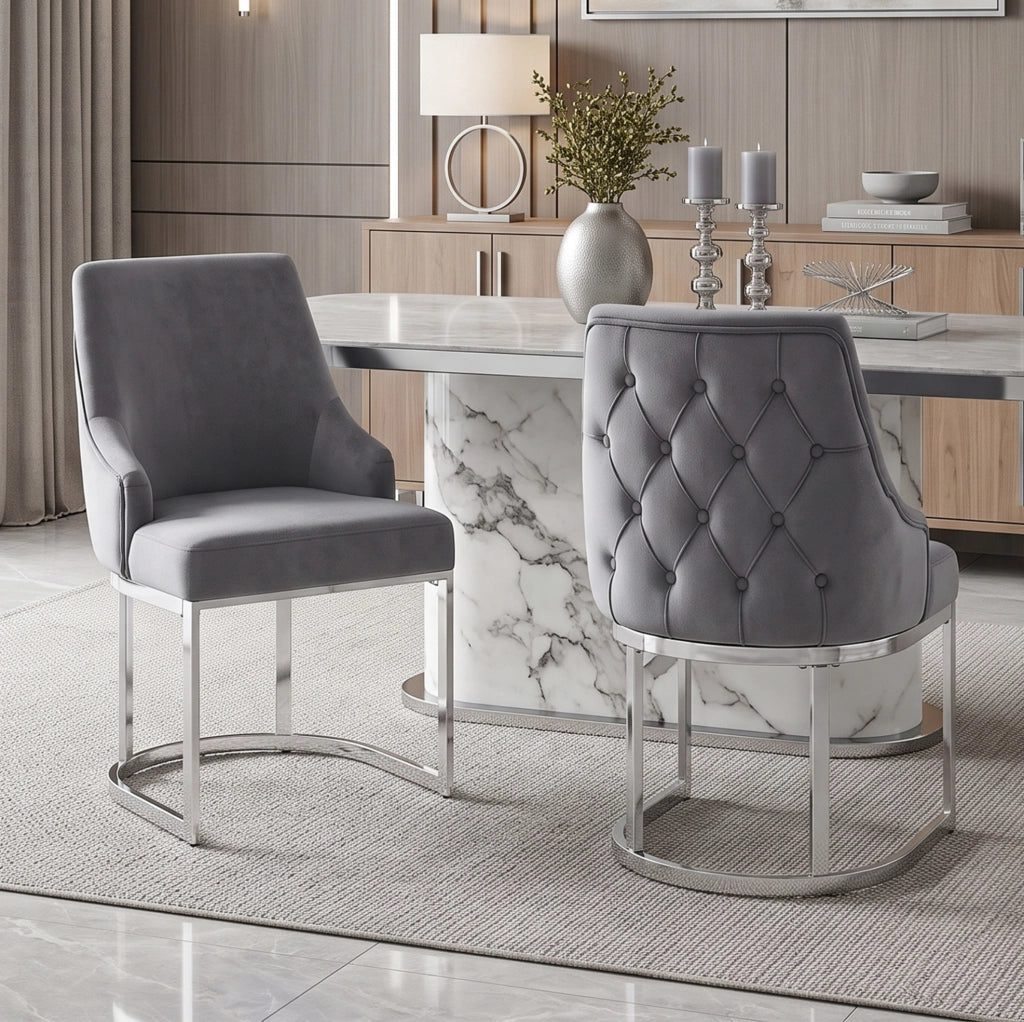 Set di 2 sedie da pranzo in velluto grigio con gambe in metallo argentato