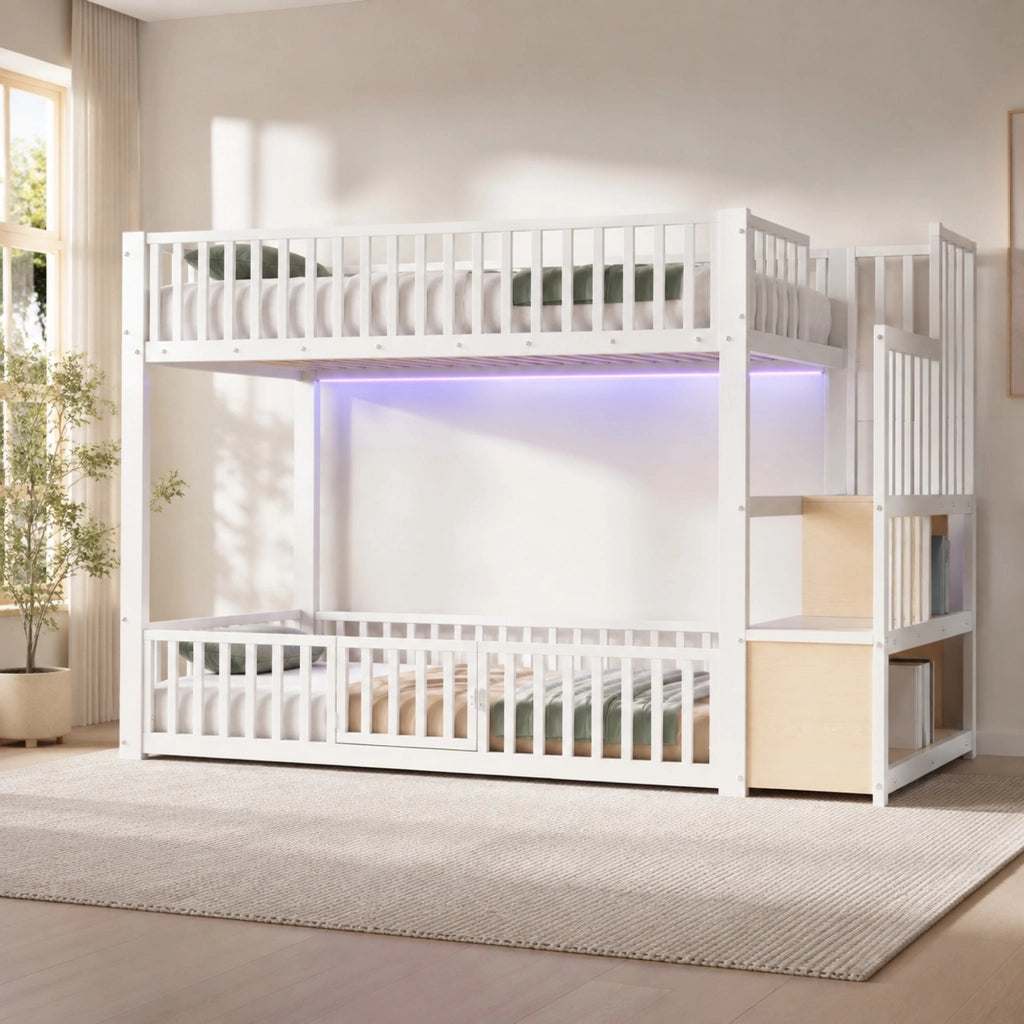 Letto a castello basso 90x200 cm con scala contenitore e LED; bianco
