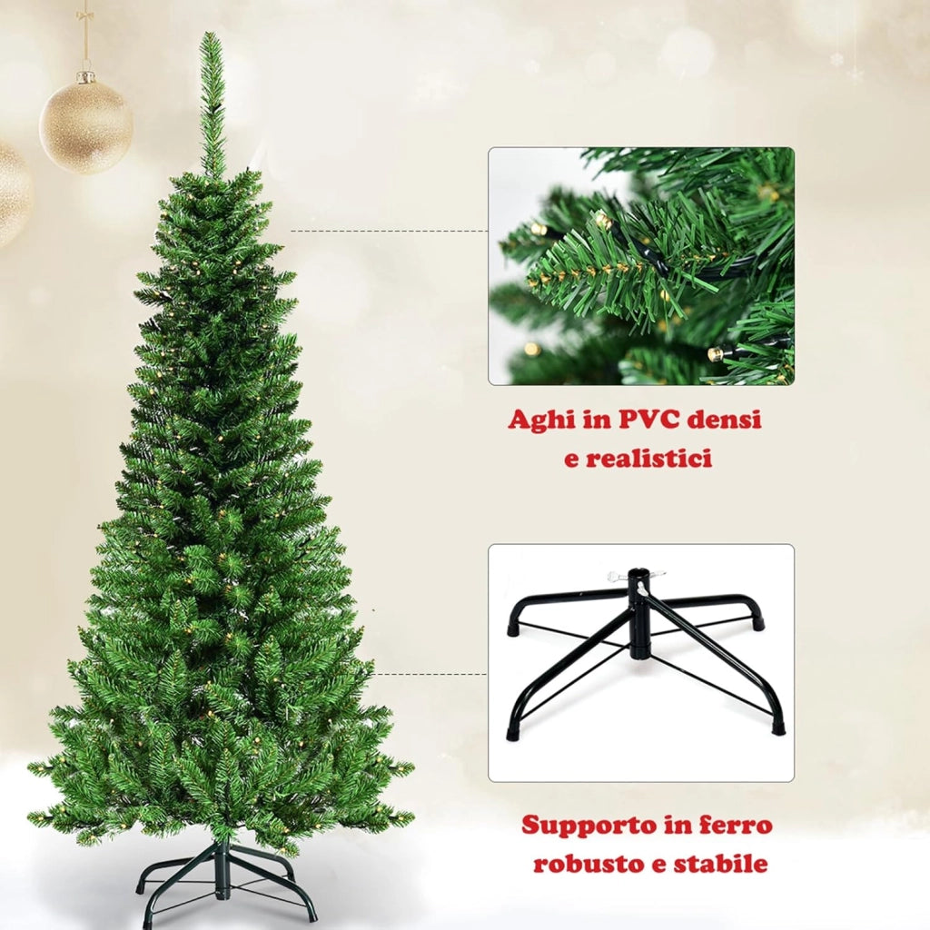 Albero di Natale 135/200/225 cm, Albero di Natale Slim con 150/250/350 Luci a LED Calde, 226/708/1085 Rami Folti e Base di Metallo, Albero di Natale con Luci Incorporate per Festa (135 cm)