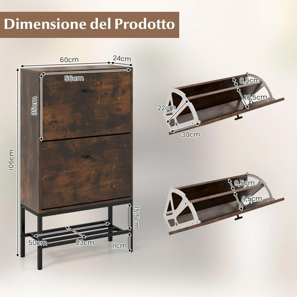 Armadio per Scarpe con 2 Cassetti a Ribalta, Scarpiera Nascosto con Ripiani Regolabili e Rimovibili, Ripiano in Metallo, 15 Paia di Scarpe, 60x24x106 cm (Marrone)