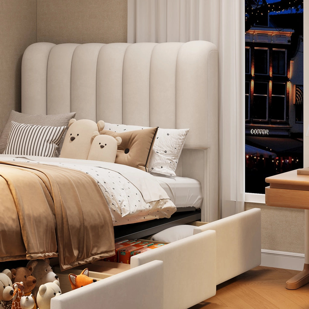 Letto con Cassetti 90 x 200 cm; Letto Singolo - Contenitore; 3 Cassetti e LED - Beige