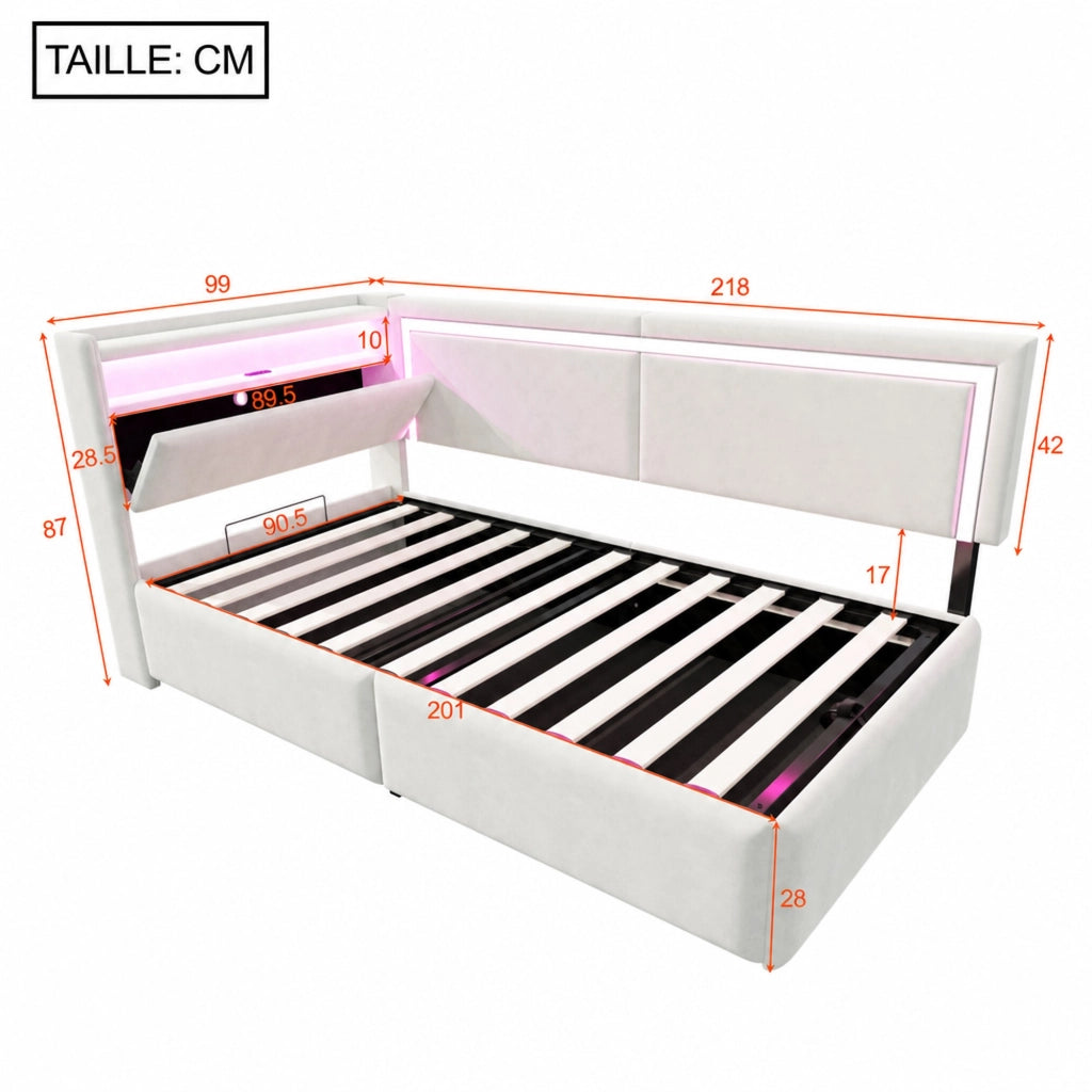 Divano letto singolo con contenitore idraulico testiera con vani e LED USB in velluto beige 90 × 200 cm
