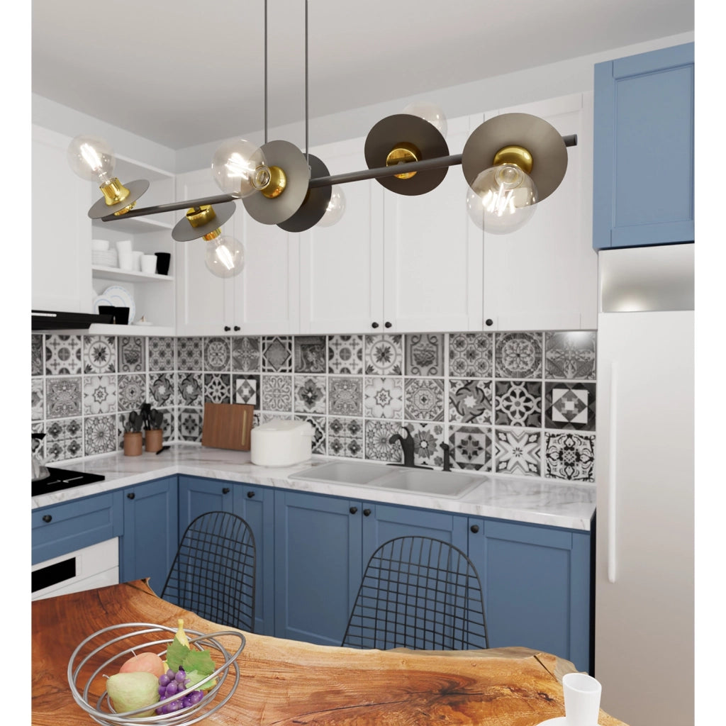 Lampadario 6 Luci Djehuty Acciaio Nero E Oro Con Barra E Diffusori A Piatti