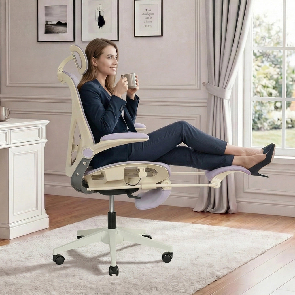 Sedia da ufficio ergonomica pieghevole con supporto lombare e poggiatesta regolabile in mesh viola per lavoro