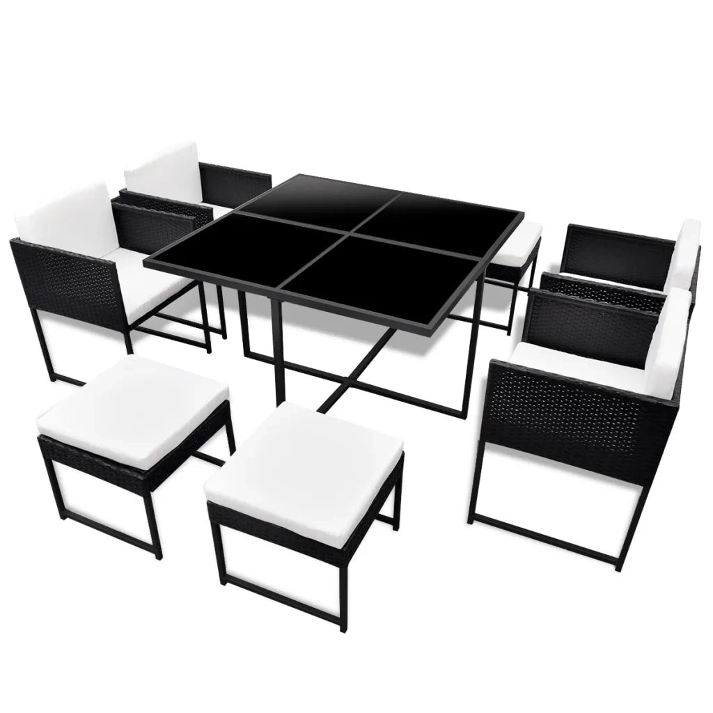 Set da Pranzo da Giardino 9 pz | Set Salotto da Giardino con Cuscini in Polyrattan Nero