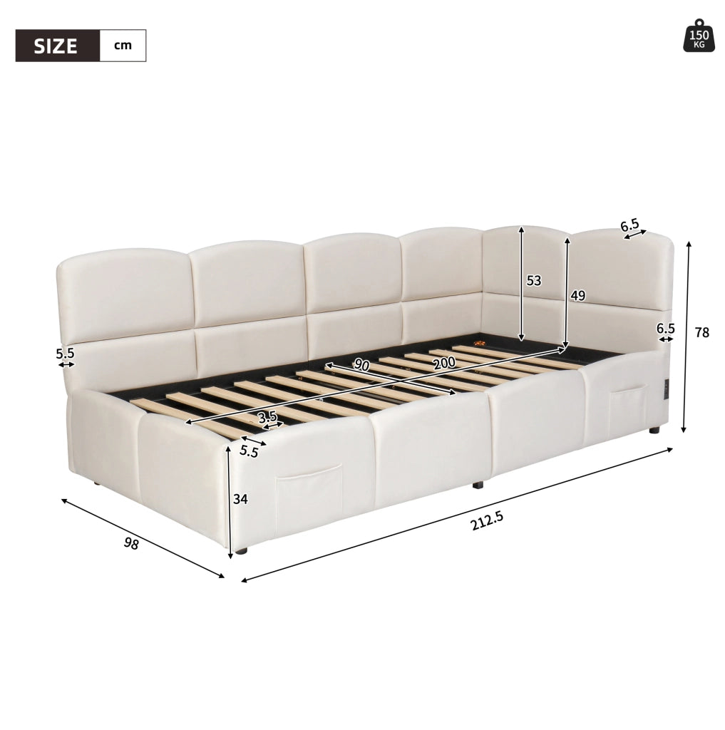 Divano letto contenitore idraulico 90x200 cm in velluto beige con USB-A/USB-C