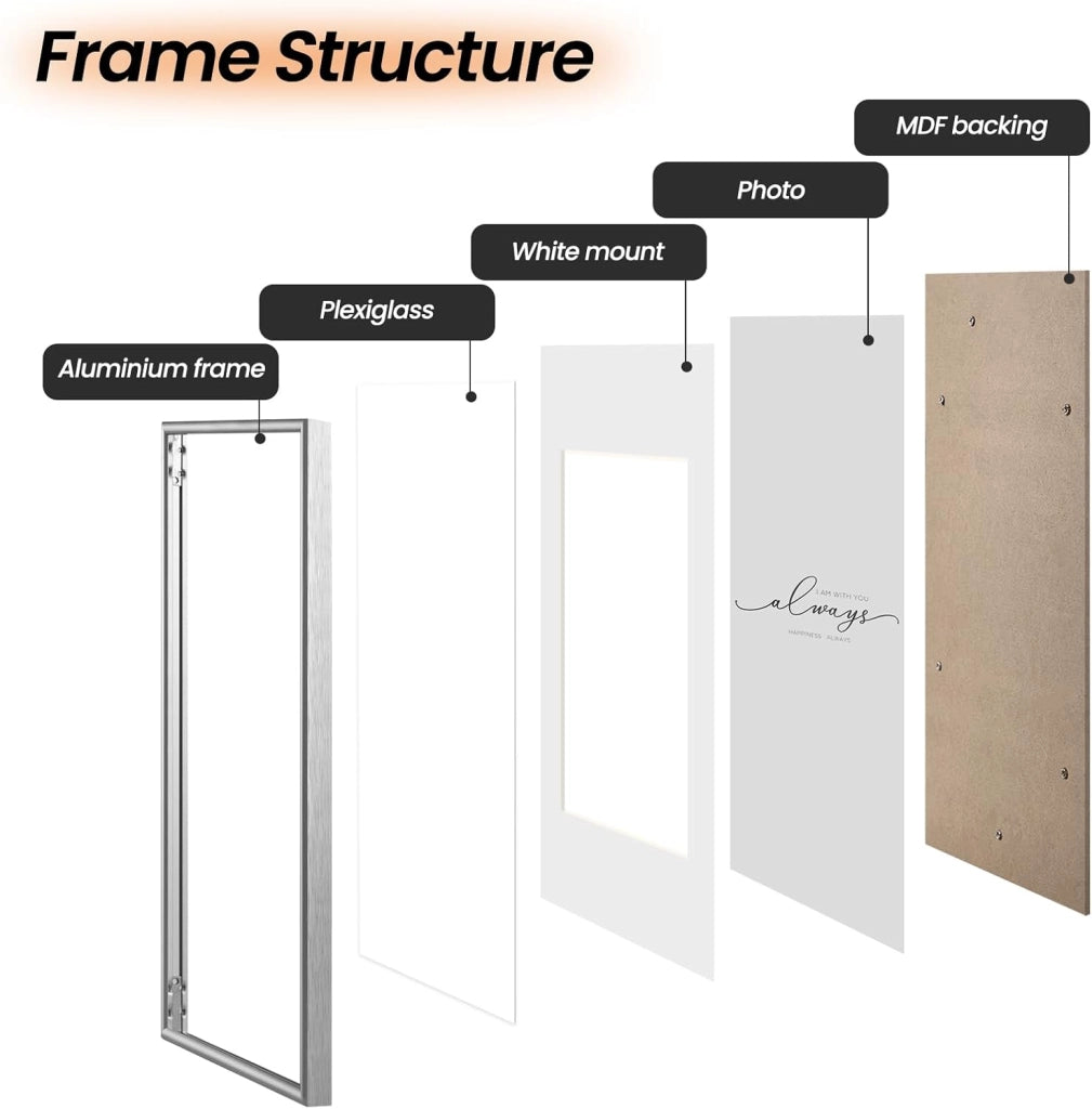 Set di 10 Cornice Foto, Portafoto A4 21x29,7cm, Cornice Argentato in Alluminio, Cornici per Documenti, Cornice per Foto da Parete o da Tavolo, Frontale Trasparente in plastica, BR9956sb-10