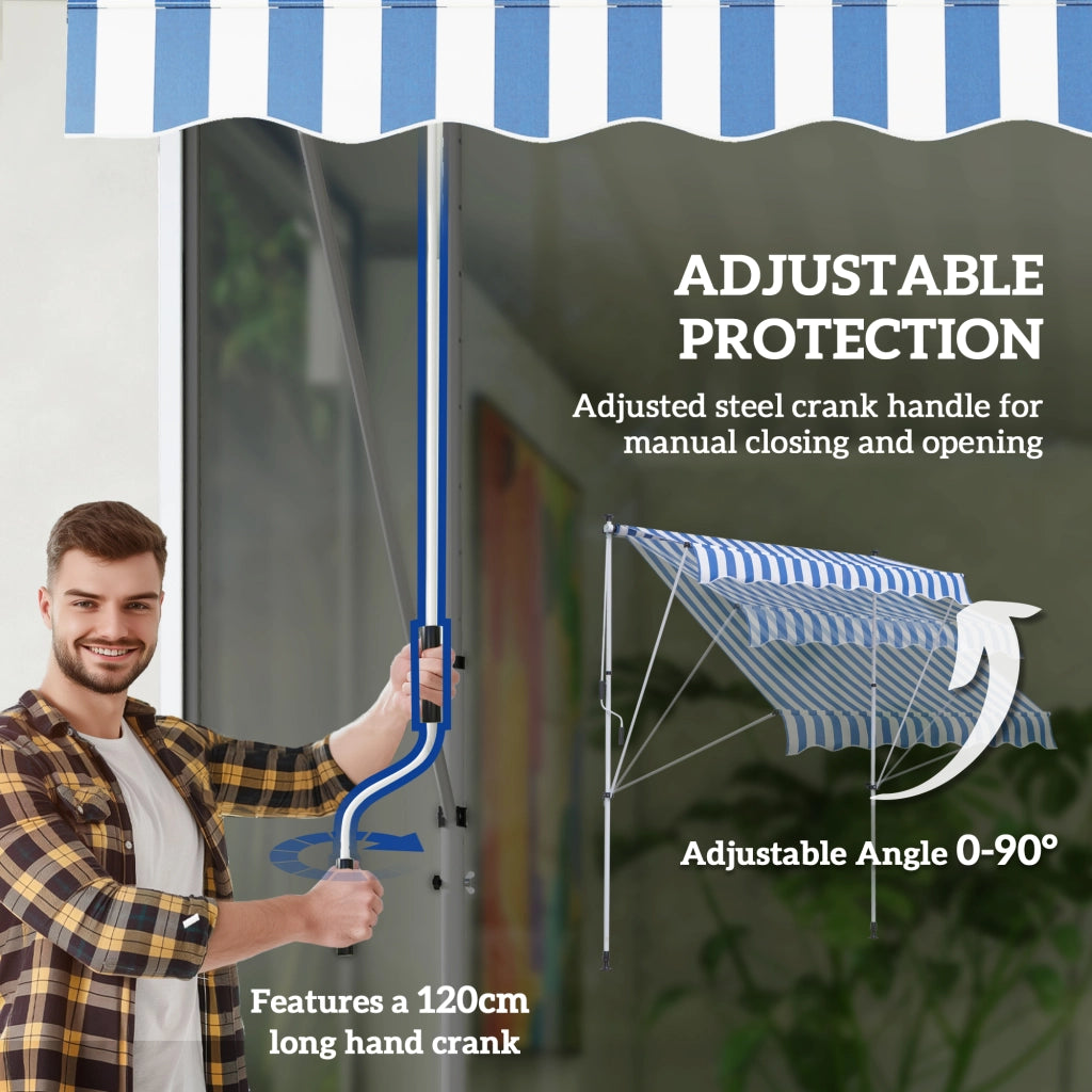 Tenda a braccio pieghevole con morsa per altezza regolabile 200x150cm blu/bianco realizzata in alluminio per terrazza e balcone
