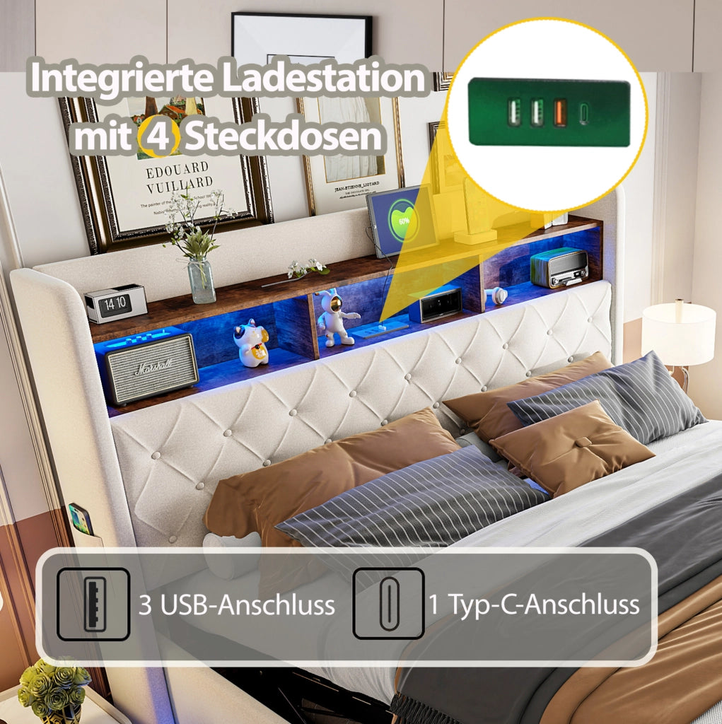 Letto imbottito LED 180x200 cm beige con USB e vano contenitore