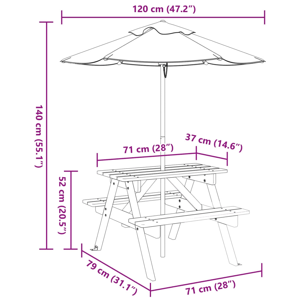vidaXL Tavolo da Picnic per 4 Bambini con Ombrellone Legno di Abete