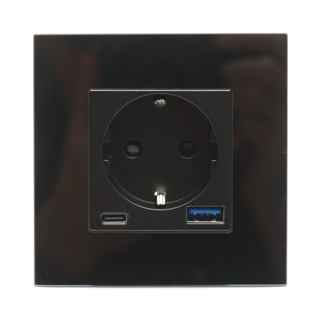 Presa Schuko nera 220V, 16A, 2xUSB A+C 20W ricarica rapida, cornice in vetro 86x86x34mm