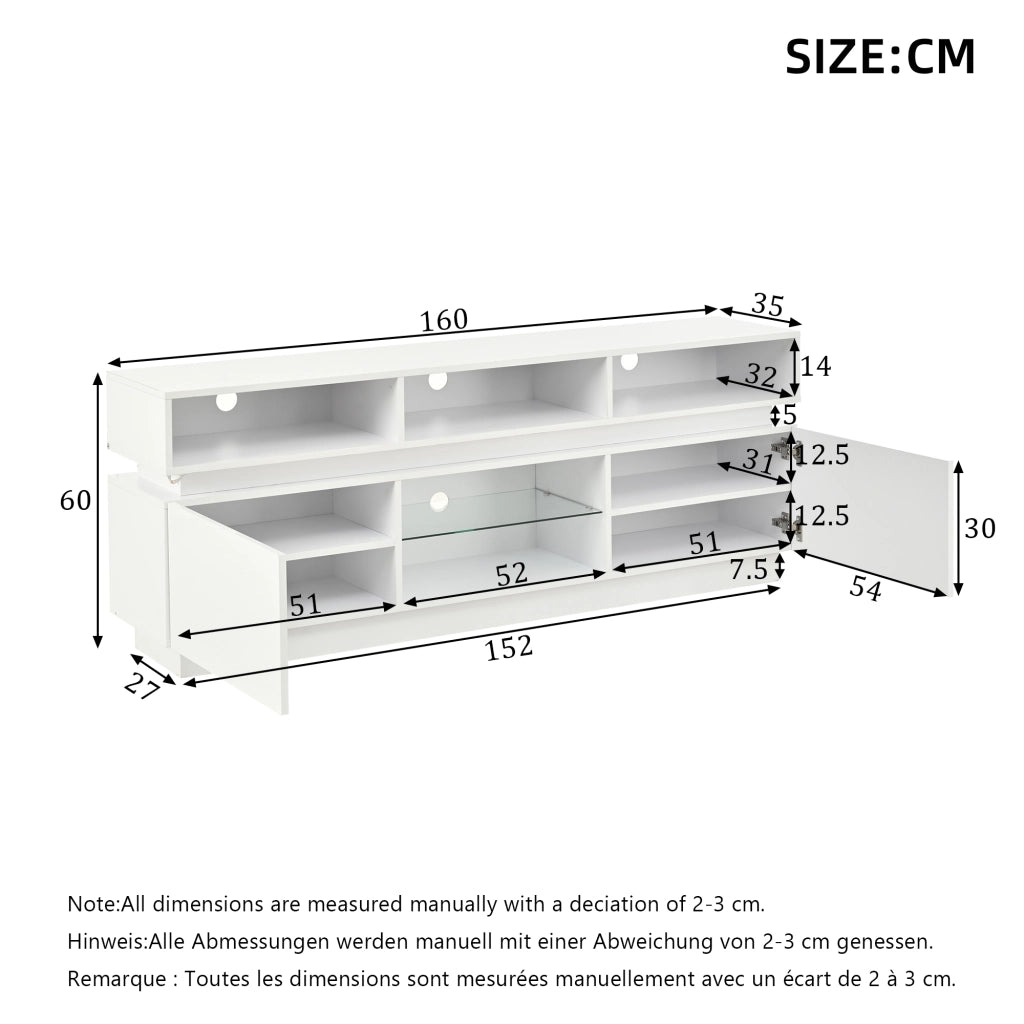 Mobile porta TV con LED e 10 vani contenitore ante lucide per soggiorno in MDF e vetro bianco 160 × 35 × 60 cm