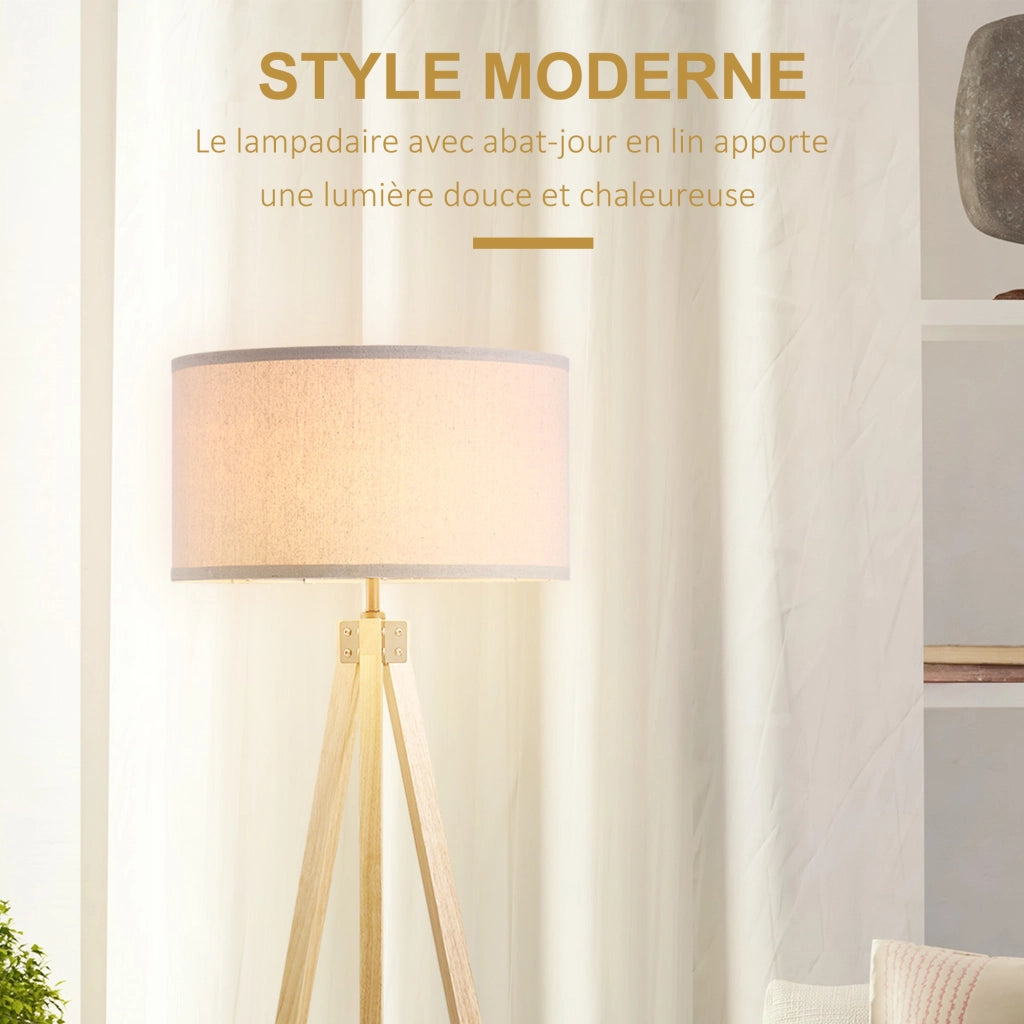 Lampada a Treppiede Stile Scandinavo ¨C zephmum ¨C Legno di Pino Lino Beige 45x45x152 cm