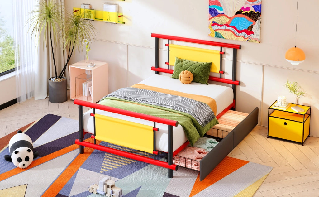DESMIU Letto per bambini 90 × 200 cm con 2 cassetti, senza materasso, in metallo, rosso, per camera bambini