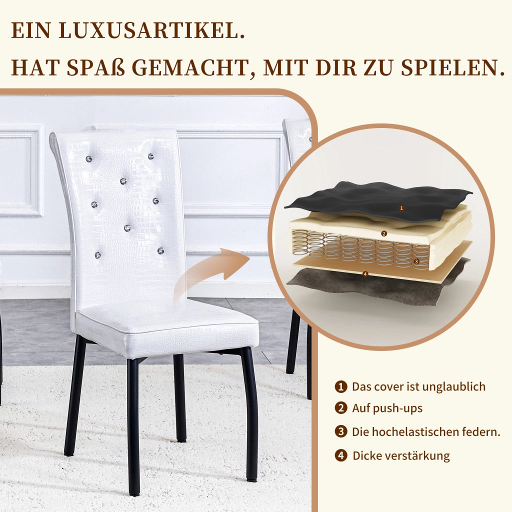 Sedia da pranzo Set da 2 con Bottoni Cristallo e Piedini Regolabili in Metallo e PVC Nero e Bianco