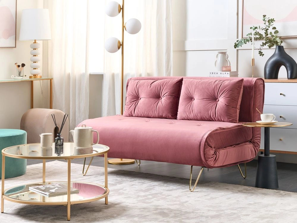 Divano Letto a 2 posti in velluto rosa con gambe in metallo senza braccioli 2 cuscini gambe metallo glamour
