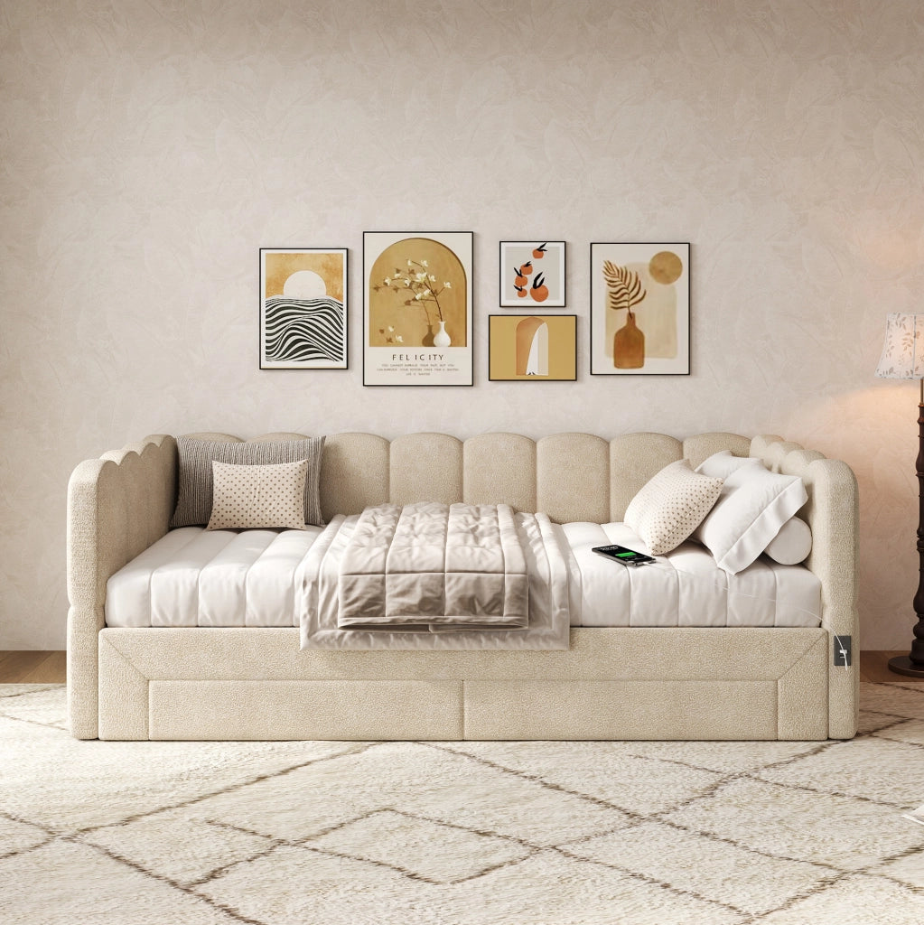 Daybed estraibile 90x190 cm trasformabile in 180x190 cm; con cassetti; USB e Type-C; beige