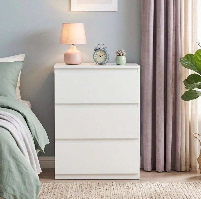 Comodino con 3 cassetti, mobile contenitore moderno per camera da letto, bianco