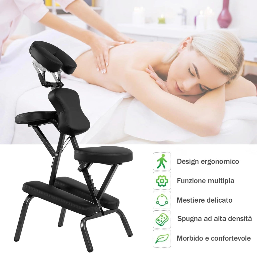 Sedia da Massaggio Pieghevole e Leggera, per Viaggi Tatuaggi e SPA, Sedia da Massaggio con Altezza Regolabile con Poggiatesta e Borsa da Trasporto (Nero)