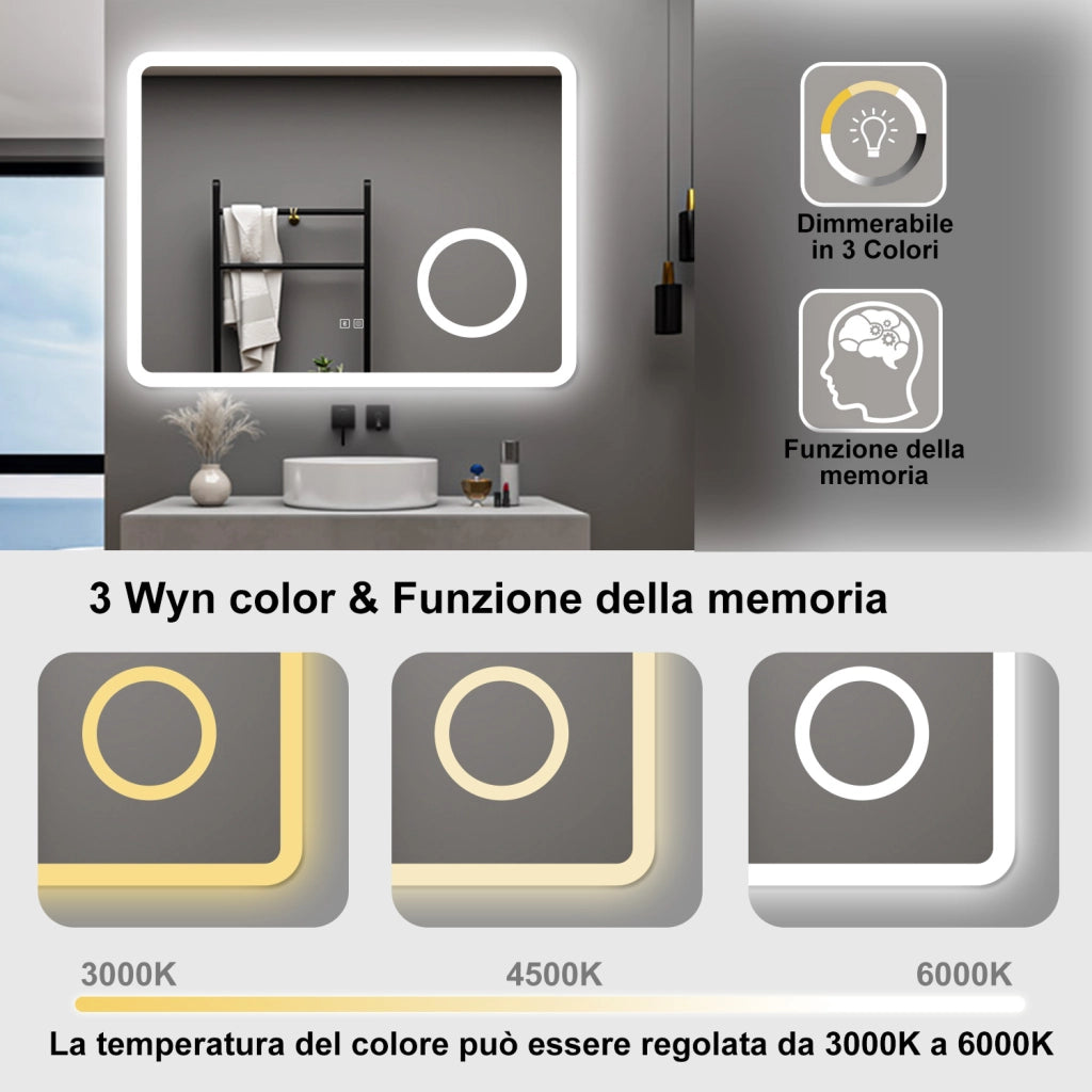 AICA Specchio da bagno  60 x 80 cm, dimmerabile, Blue tooth, Funzione Memoria, antiappannamento, 3 colori, Magnificatore