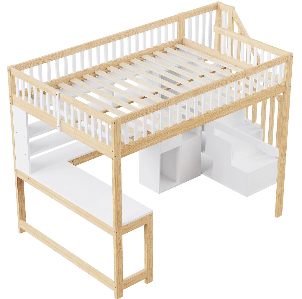 Letto a soppalco 140x200 cm con LED; scala contenitore; scrivania e ripiani bianco/naturale