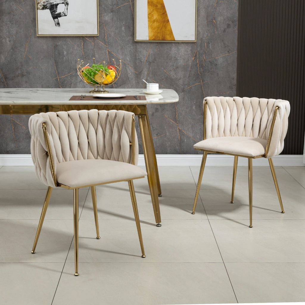 Sedia da pranzo in velluto con schienale intrecciato struttura stabile piedini antiscivolo design arrotondato avorio