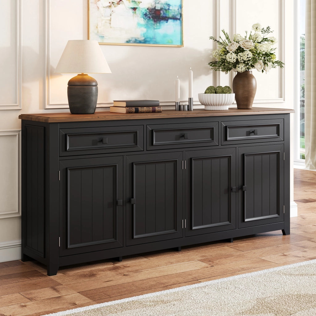 Credenza Nera 160 cm Mobile Buffet Moderno in MDF con 4 Ante e 3 Cassetti