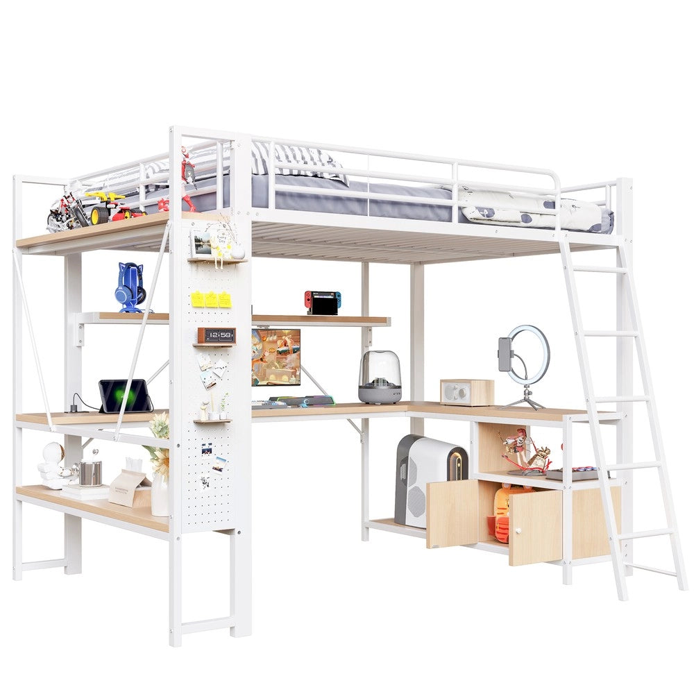 Letto a Soppalco con Scrivania, LED e Ripiani ¨C Xylo ¨C Bianco, 140x200, Metallo