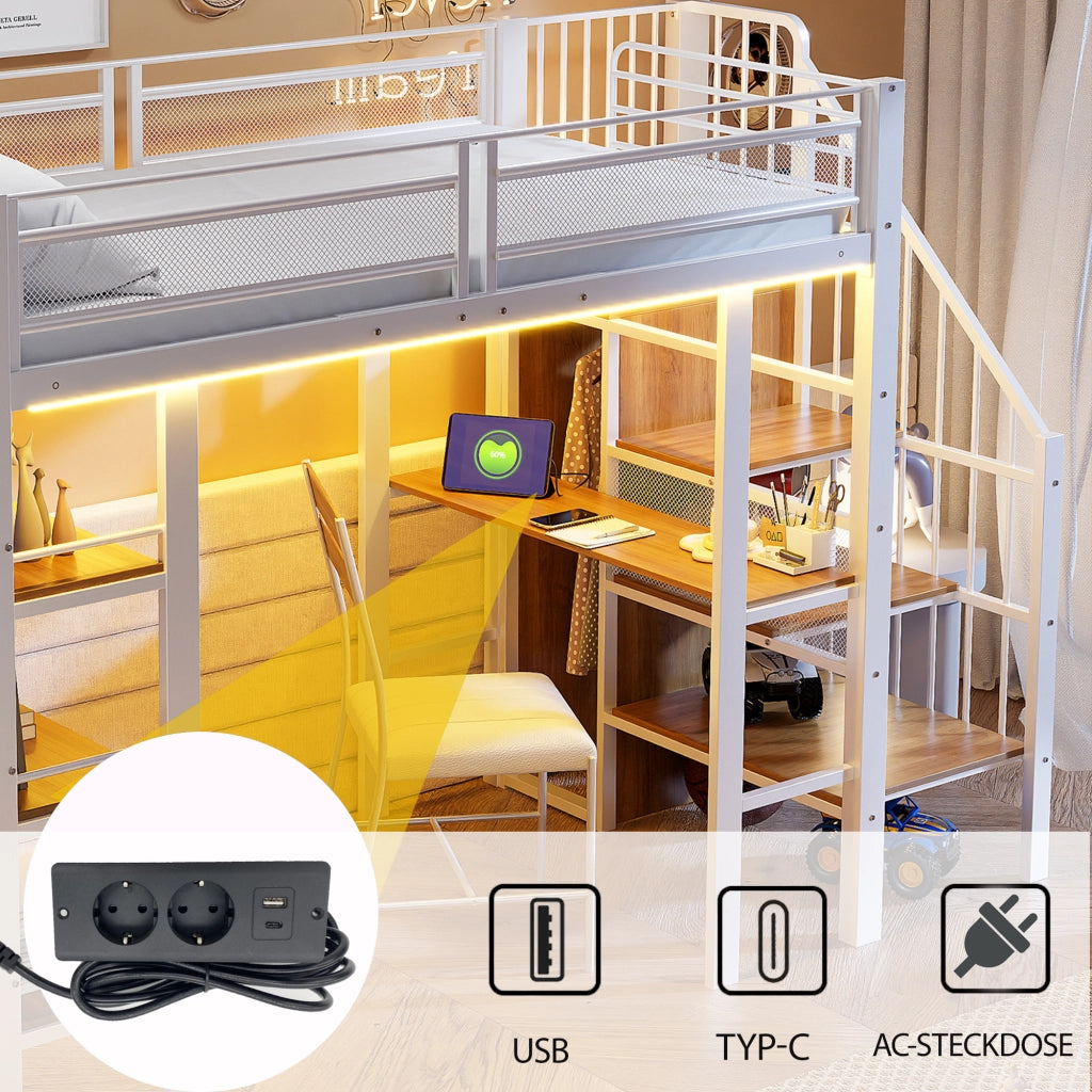 LETTO A SOPPALCO 90x200 cm Metallo Bianco con scrivania e scaffale