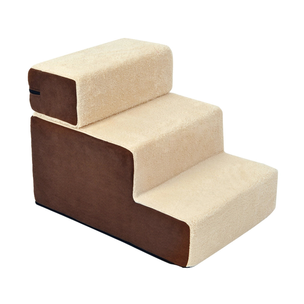 Scala per animali domestici in schiuma beige a 3 gradini con rivestimento in peluche 54x40x39 cm