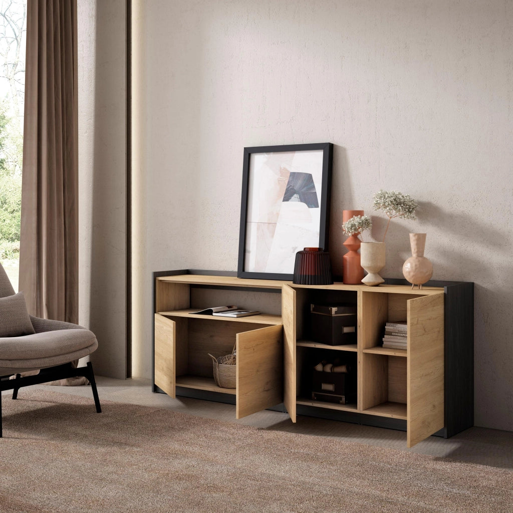 Credenza, Mobile, Cucina, 207x80x37 cm, 4 Porte, grande stoccaggio, Rovere e nero
