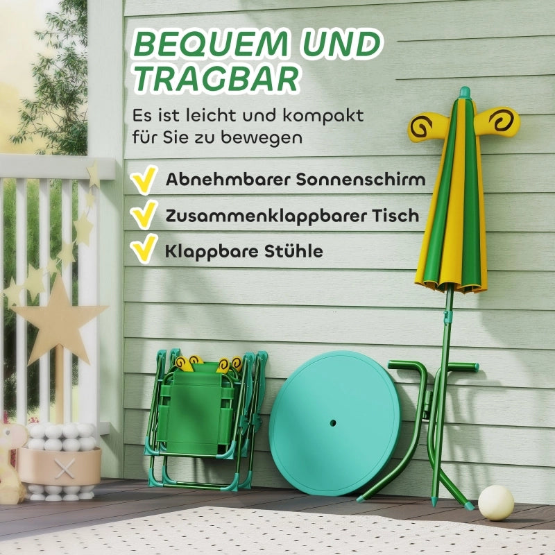 Set di mobili da giardino per bambini, composto da sedie, tavolo e ombrellone, con motivo ape, nei colori verde e giallo.