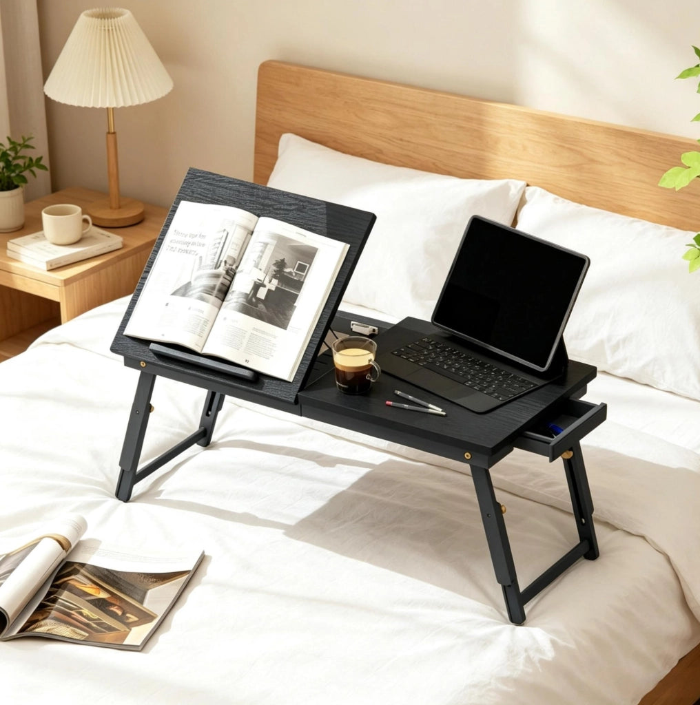Tavolino da letto pieghevole e regolabile in bambù con piano inclinabile 70x33 cm nero