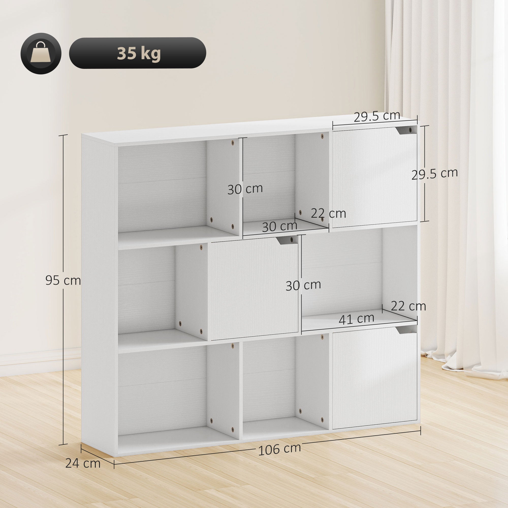 Libreria a Cubi con 6 Sezioni Aperte e 3 Chiuse 106x24x95 cm in Legno Bianco