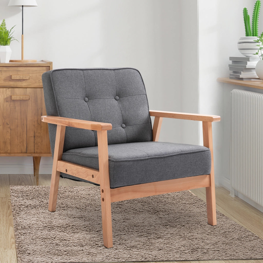 Poltrona Stile Scandinavo Imbottita e Trapuntata a Bottoni in Tessuto e Legno, 64.5x70x74cm, Grigio