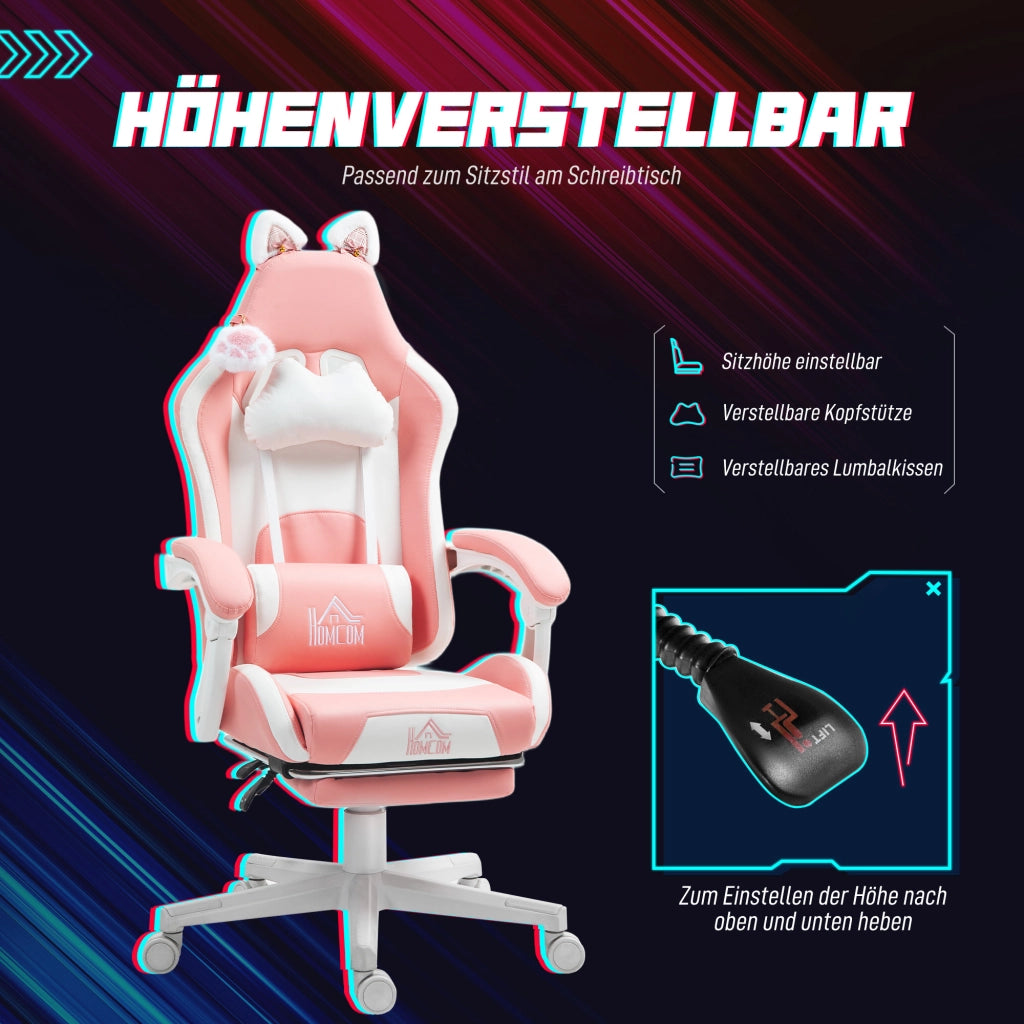 Sedia da ufficio gaming con supporto lombare, poggiapiedi, orecchie e zampe di gatto, in similpelle rosa